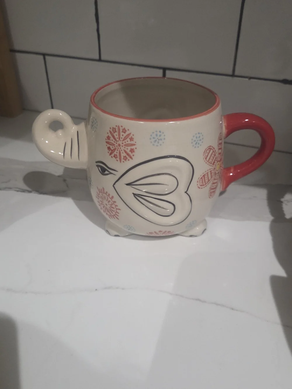 Ceramic Elephant Mug in Cream and Red - Decorative Home Art